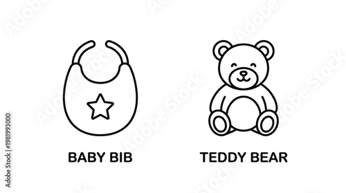 Baby Bib and Teddy Bear Line Art Illustration, Black and White, Vector EPS, Baby Shower Decor