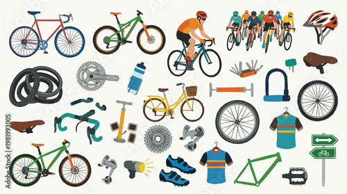 Diverse collection of cycling equipment and accessories for road and mountain biking, illustrating a passion for outdoor sports and active lifestyles