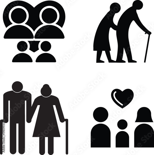 Parents, Children, and Grandparents Family Life Glyph Icons and Family, Love, and Generational Care Solid Silhouette Vector Icon Set
