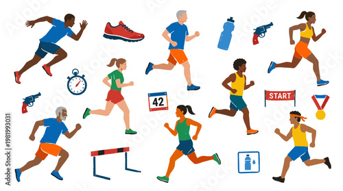 Diverse group of athletes running in a race with running shoes, stopwatch, water bottle, and medal symbols representing fitness and competition