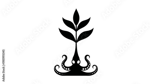 Black silhouette illustration: Stylized plant with leaves growing from an octopus base, a unique symbol of nature and marine life.