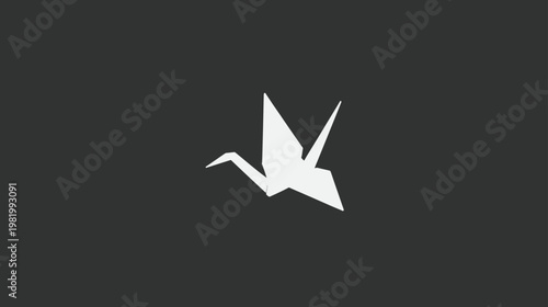 Elegant white origami crane flying on a minimalist dark gray background, symbolizing peace, hope, and Japanese culture.