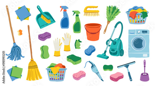 Collection of cleaning supplies and tools for household chores and home hygiene, including mops, brooms, vacuum cleaners, buckets, and sponges