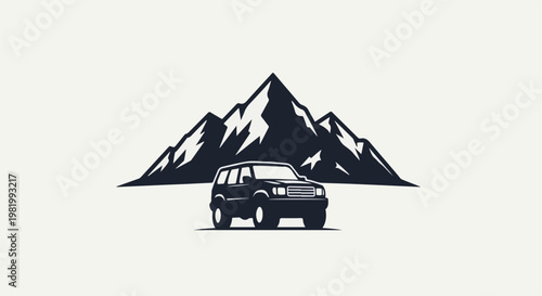Stylized SUV parked before a silhouette of rugged mountains