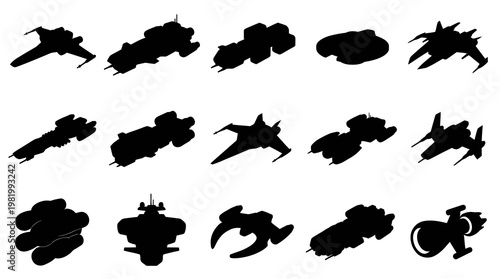 Sci-fi Spaceship Silhouettes - Black  White Vector Art for Gaming