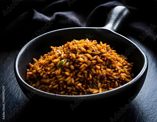 Close up of dark soy sauce fried rice served in a black bowl with dramatic low key lighting