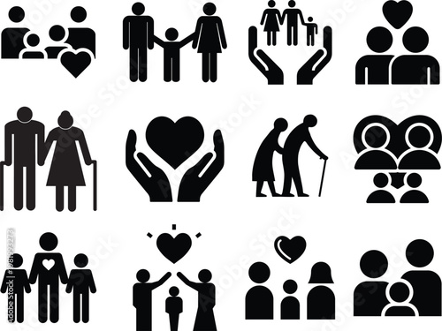 Parents, Children, and Grandparents Family Life Glyph Icons and Family, Love, and Generational Care Solid Silhouette Vector Icon Set