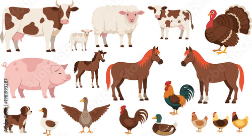 Comprehensive Farm Animal Vector Collection Featuring Cows Horses Pigs Sheep Poultry and Livestock with Baby Animals for Childrens Educational Rural Agriculture Designs