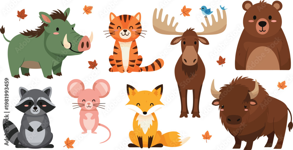 Fototapeta premium Cute Forest and Wilderness Animal Character Vector Set Featuring Boar Tiger Moose Bear Raccoon Mouse Fox and Bison for Childrens Educational and Nursery Designs