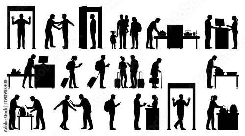 Airport Security Checkpoint and Travel Screening Passengers Vector Silhouettes Collection