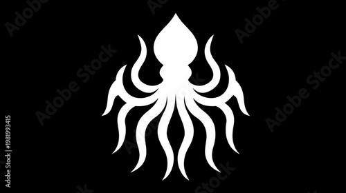 Minimalist vector graphic of a white octopus icon with tentacles on a solid black background, marine animal silhouette