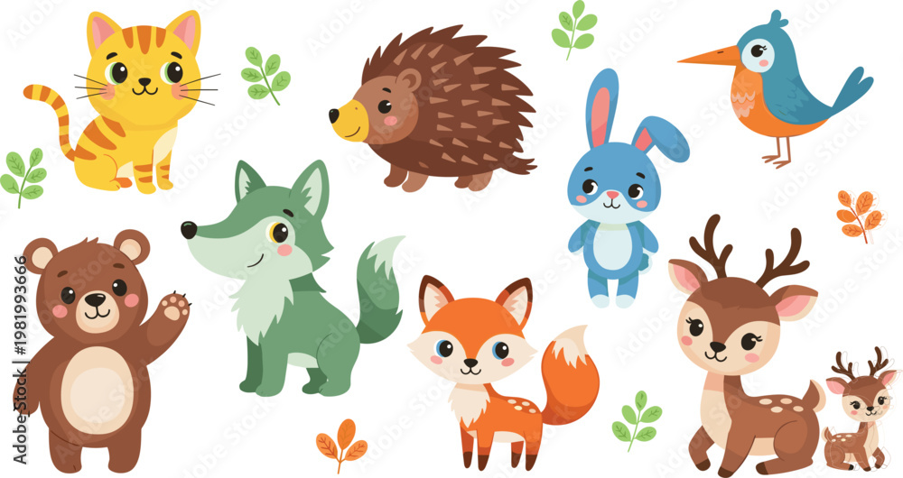 Naklejka premium Cute Forest Animal Character Vector Set Featuring Friendly Cat Hedgehog Blue Rabbit Bird Bear Wolf Fox and Deer for Kids Nursery and Baby Shower Graphic Designs