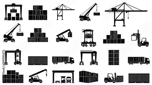 Logistics and Shipping Industry Glyph Icons: Cranes, Containers, Trucks, Forklifts, Port Equipment Set