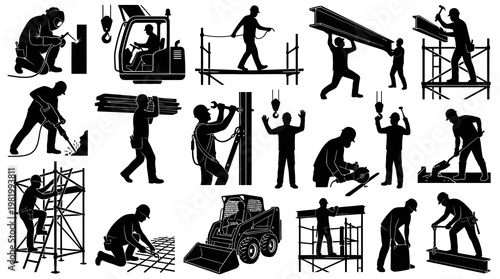 Construction Workers Silhouettes Vector Set - Building Industry Tasks  Equipment Black  White