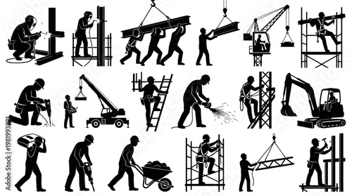 Construction Industry Workers Equipment Silhouette Icon Set