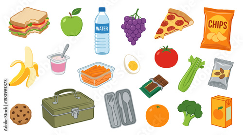 Healthy and Unhealthy Lunch Box Foods Assortment Collection Isolated on White Background