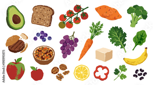 Assortment of fresh healthy foods including fruits vegetables grains and protein sources arranged on a white background