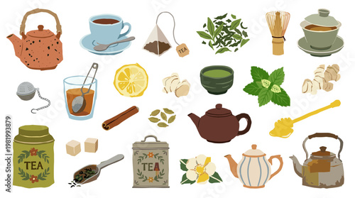 Assortment of tea related items including teapots teacups tea bags spices and brewing accessories for a relaxing beverage experience