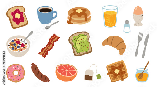 Delicious breakfast assortment with toast, pancakes, bacon, eggs, coffee, juice, and pastries, offering a delightful morning meal experience.