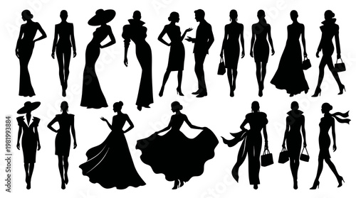 Fashion Model Silhouettes, Diverse Poses, Black and White Stock Vector Art