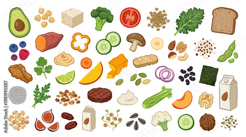 Diverse collection of healthy plant based foods and ingredients for vegan and vegetarian diets