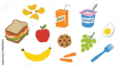 Healthy lunchbox assortment with sandwich, fruit, yogurt, juice, and snacks for a balanced meal