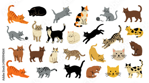 Collection of diverse cartoon cats in various poses and colors, playful felines in a playful pattern, cute domestic animals illustration
