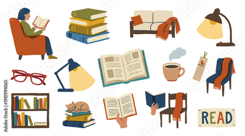 Cozy reading nook with books, a lamp, and a cat, promoting relaxation and the joy of literature