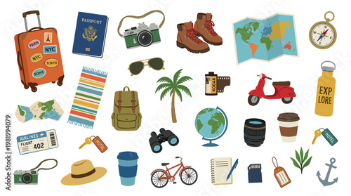 Collection of travel essentials and accessories for a vacation adventure, including luggage, passport, camera, map, and clothing