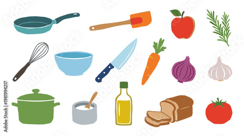 Collection of fresh ingredients and kitchen utensils for cooking and healthy eating concept illustration