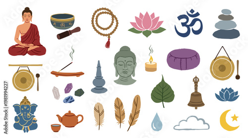 Spiritual and Religious Icons Collection Representing Meditation Yoga Buddhism Hinduism Zen and Mindfulness Concepts