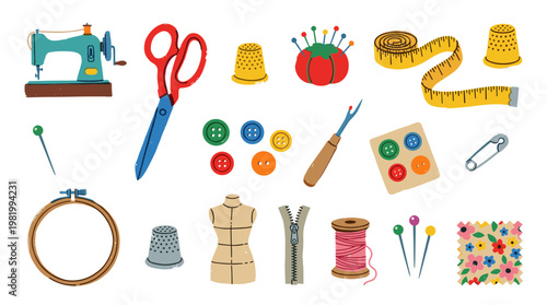Collection of sewing and tailoring tools and accessories for crafting and dressmaking, including a sewing machine, scissors, buttons, thimble, and fabric