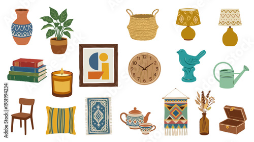 Bohemian home decor collection with furniture, plants, lamps, and decorative objects in a warm color palette, flat illustration style