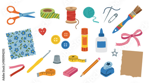 Collection of colorful craft and sewing supplies arranged for creative projects and hobbies