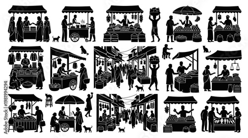 Indian street market bazaar scene black and white vector icons