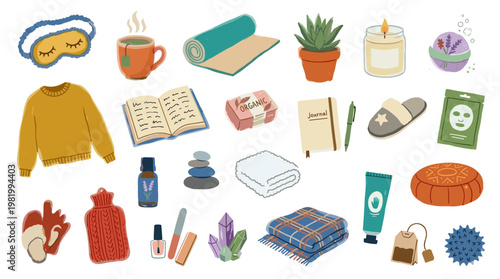 Cozy self care essentials for relaxation and wellness at home, including a warm sweater, hot water bottle, tea, candle, and bath bomb for ultimate comfort and tranquility
