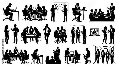 Business Meeting Silhouettes: People in Office, Discussion, Presentation, Teamwork