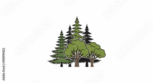 Stylized illustration of a dense forest with coniferous and deciduous trees