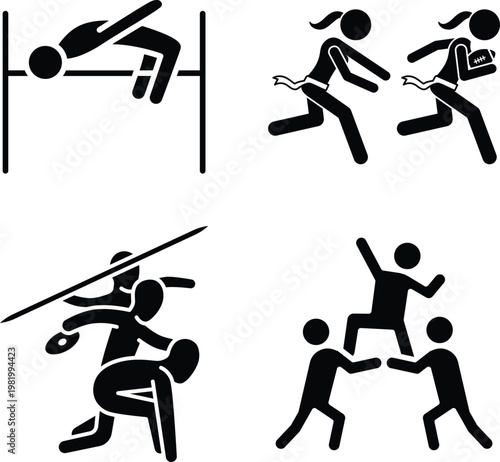 Active Sports, Competition, and Teamwork Black Solid Vector Silhouettes icon set