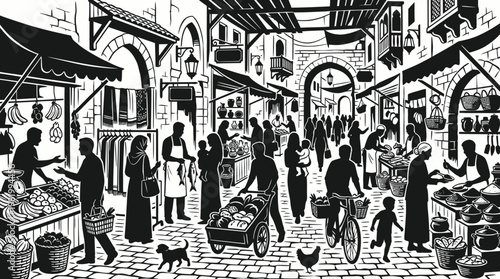 Black  White Silhouette Line Art of a Bustling Traditional Bazaar Marketplace Scene