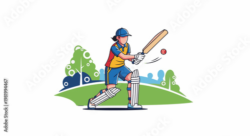 Stylized graphic of a person playing cricket on a grassy field