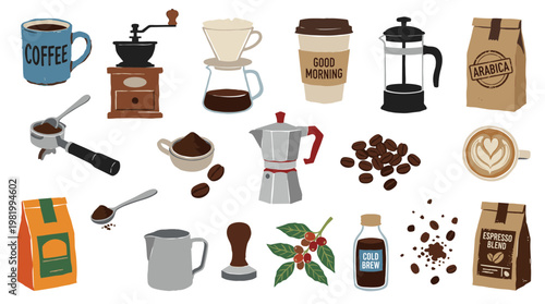 Collection of coffee making equipment and ingredients, illustrating the art of brewing coffee from beans to cup, perfect for cafe menus or culinary blogs