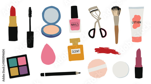 Collection of colorful makeup and cosmetic products arranged artistically on a white background, including lipstick, mascara, eyeshadow, and perfume, representing beauty and personal care.