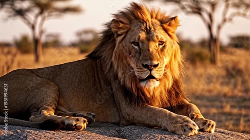 Majestic lion resting in natural habitat under warm sunlight