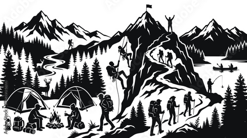Black and White Vector Illustration of Mountain Hiking and Camping Adventure