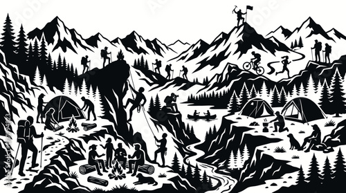 Black  White Vector Art: Adventurers Hiking, Camping, Climbing Mountains