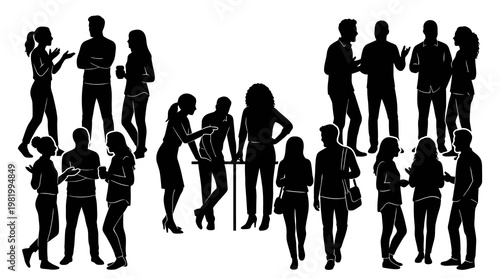 Black and White Silhouettes: Business People Group Communicating and Networking