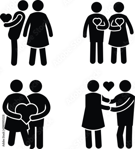 Containing people, friendship, social, diversity, village, relationships, support, breakup and community development icons. Solid vector icon collection