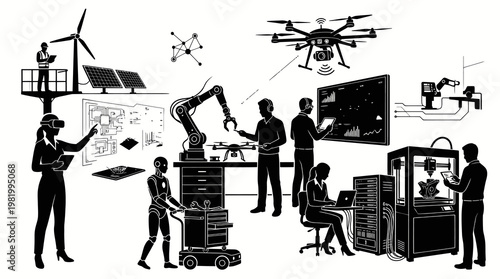 Black and White Line Art: Industry 4.0, Automation, Robotics, AI, IoT, Technology