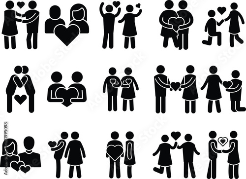 Containing people, friendship, social, diversity, village, relationships, support, breakup and community development icons. Solid vector icon collection